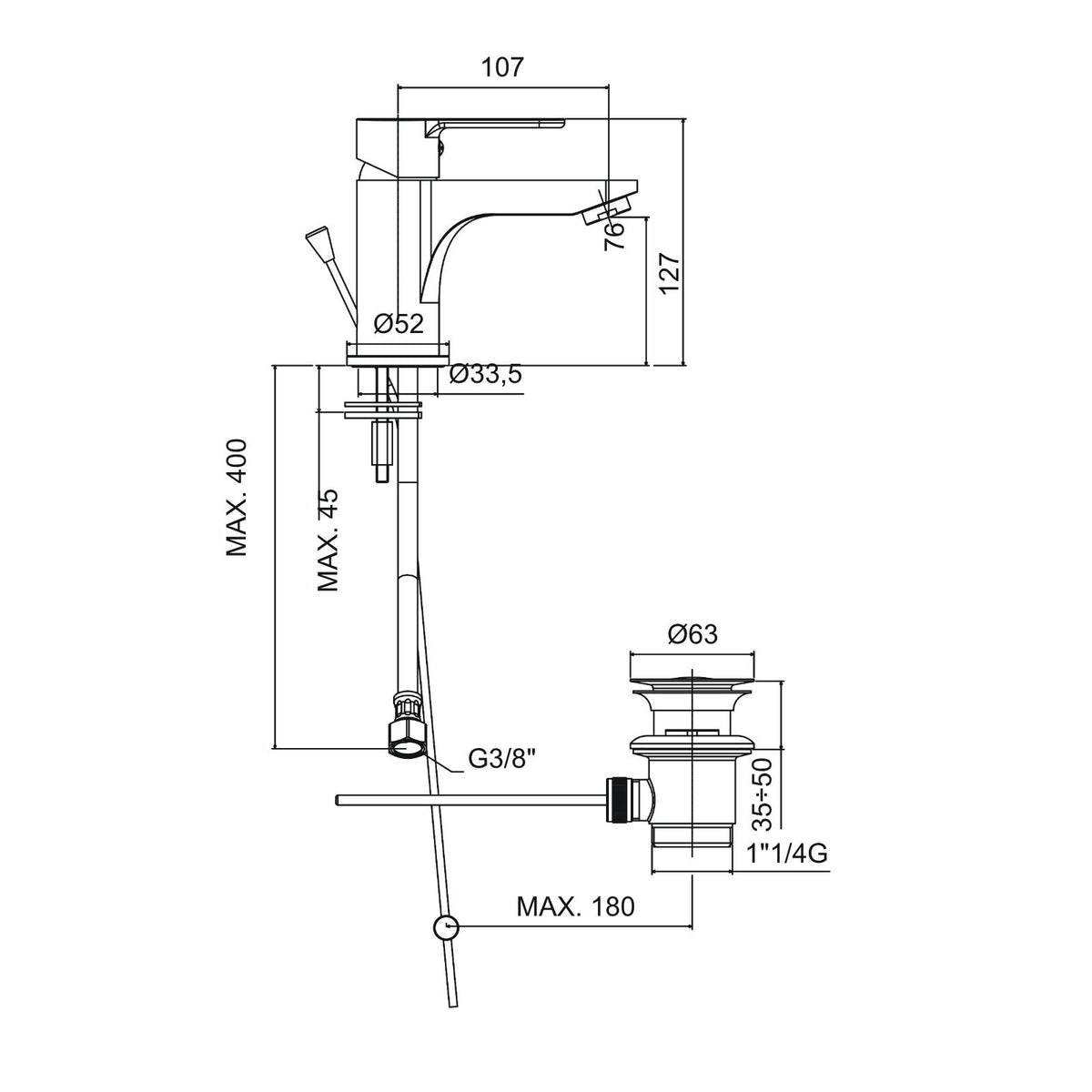 Dimensions du mitigeur lavabo Paffoni BLU075 chromé