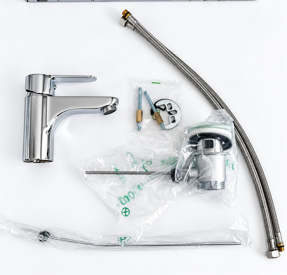 Contenu du colis du mitigeur Paffoni BLU075 avec flexibles et vidage automatique