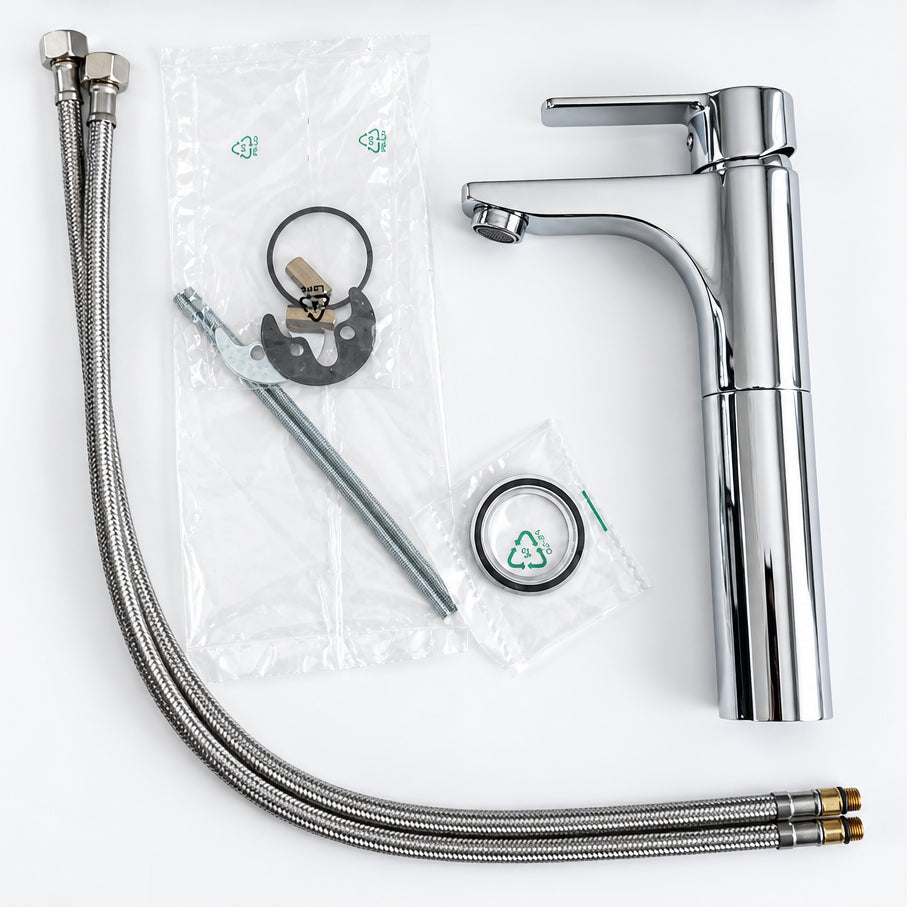 Contenu du colis du mitigeur lavabo haut Paffoni RED071 avec flexibles
