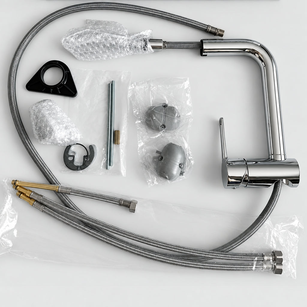 Contenu du colis du mitigeur cuisine Paffoni RIN185 avec douchette, flexibles et accessoires
