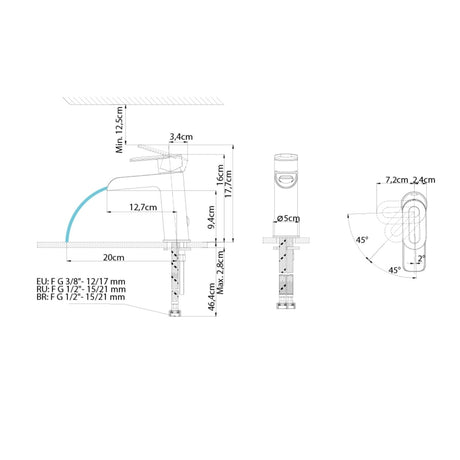 Dimensions du mitigeur lavabo cascade chromé