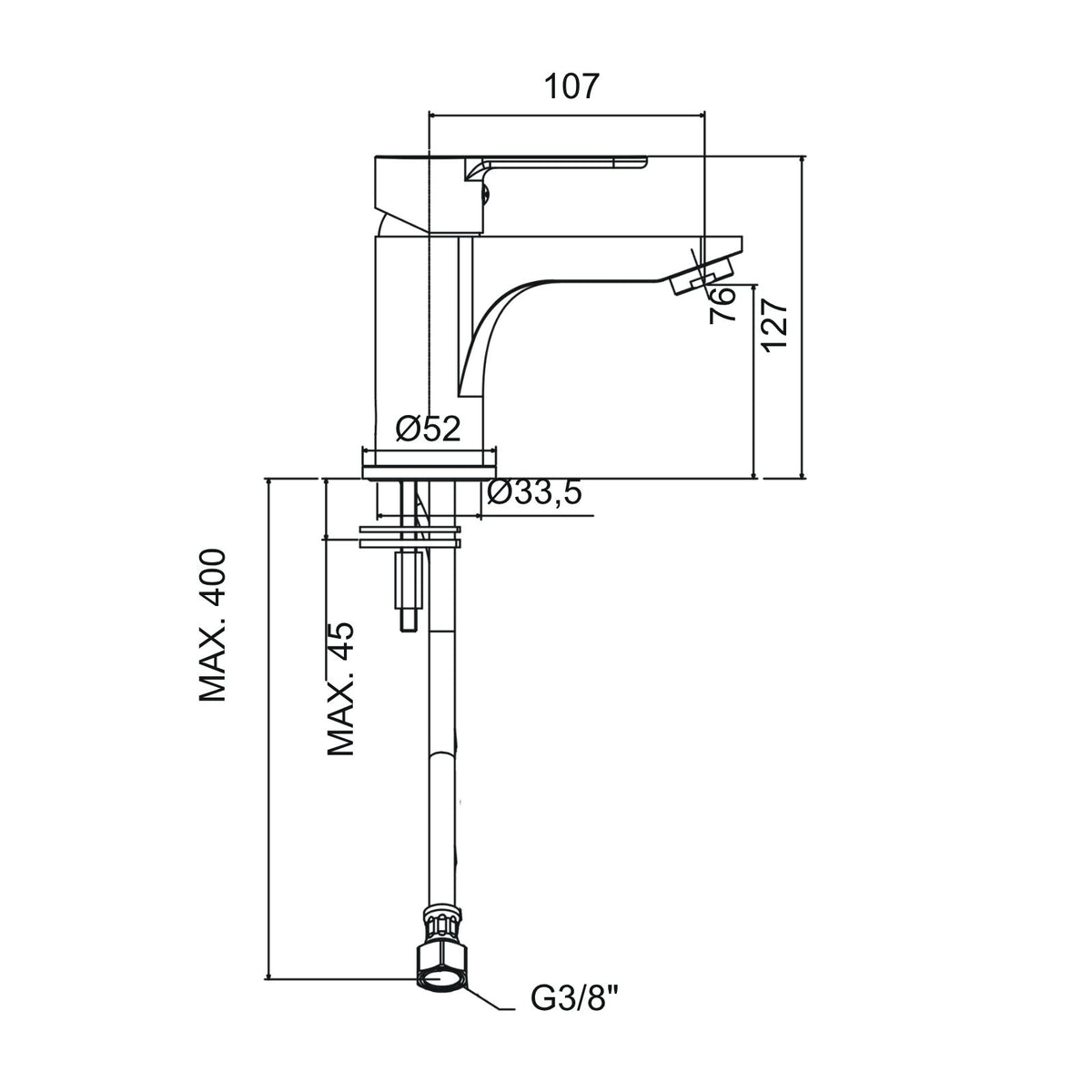 Dimensions du mitigeur lavabo Paffoni BLU071 chromé