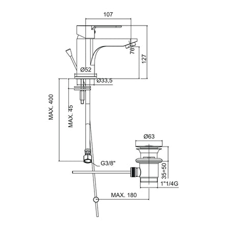 Dimensions du mitigeur lavabo Paffoni BLU075 chromé