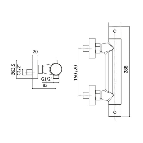 Dimensions du mitigeur thermostatique de douche Paffoni Light LIQ168 chromé