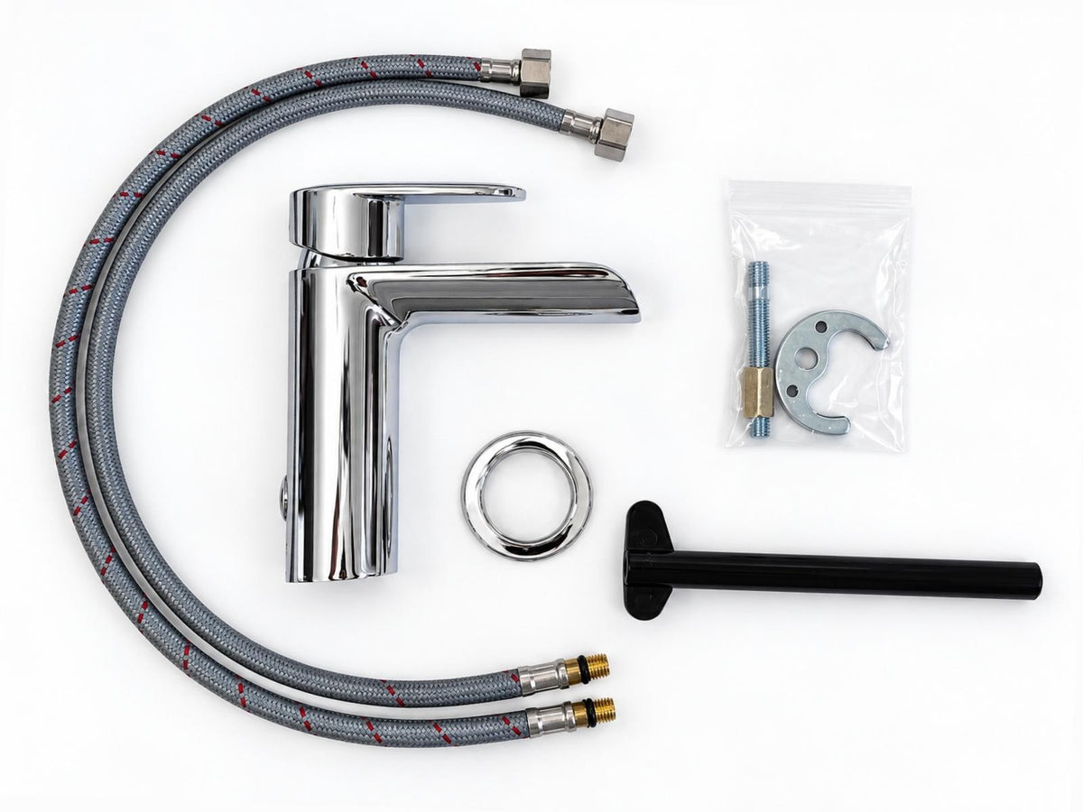 Mitigeur lavabo cascade chromé avec flexibles et accessoires de montage