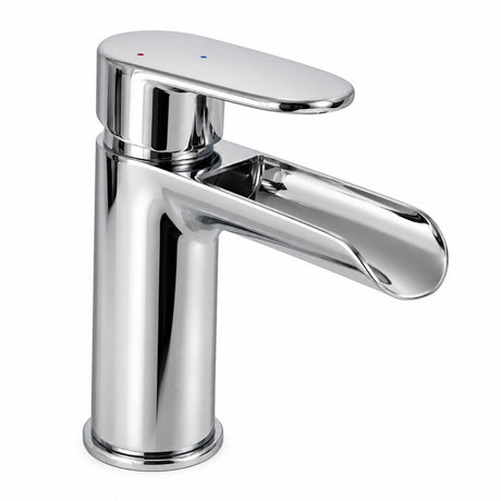 Mitigeur lavabo cascade chromé sur fond blanc