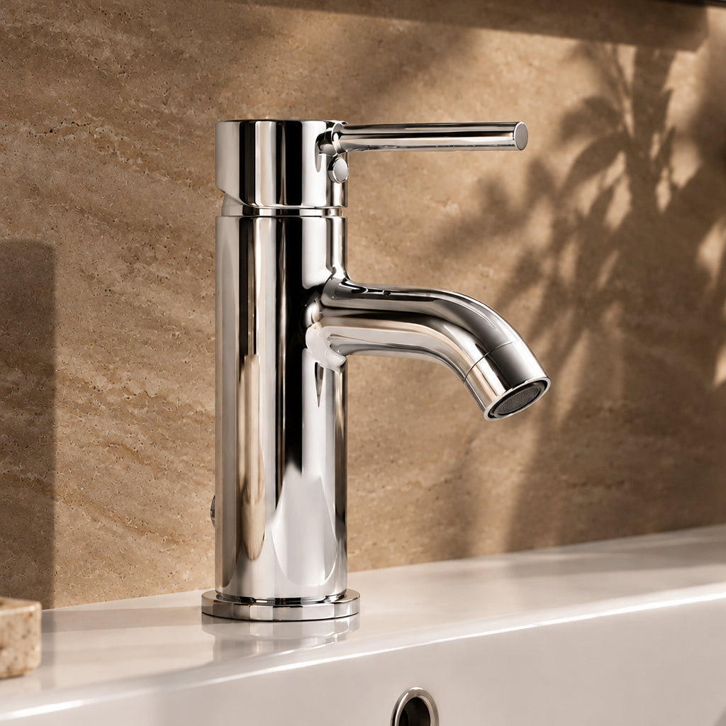 Mitigeur lavabo design Noma chromé installé dans une salle de bain
