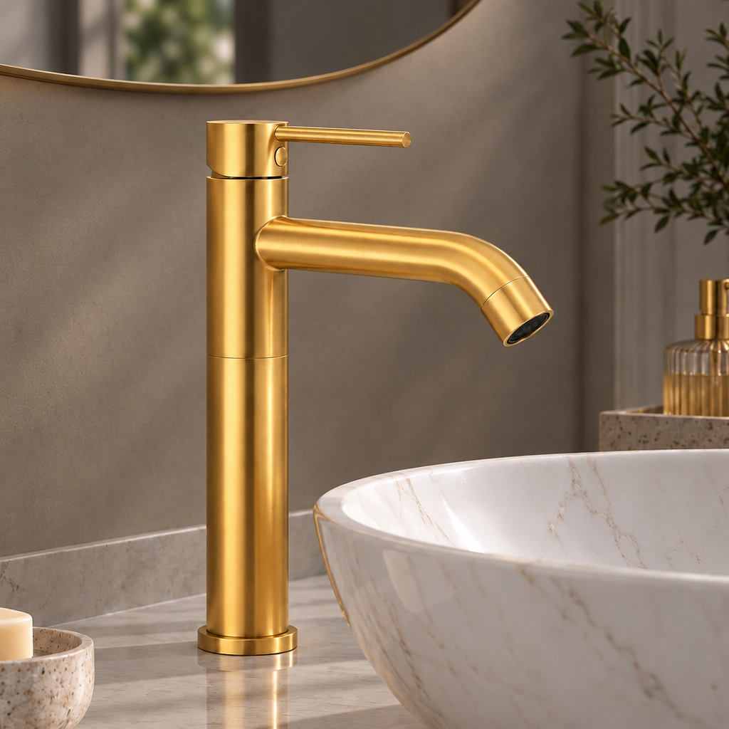 Mitigeur lavabo haut Noma XL doré installé avec une vasque à poser